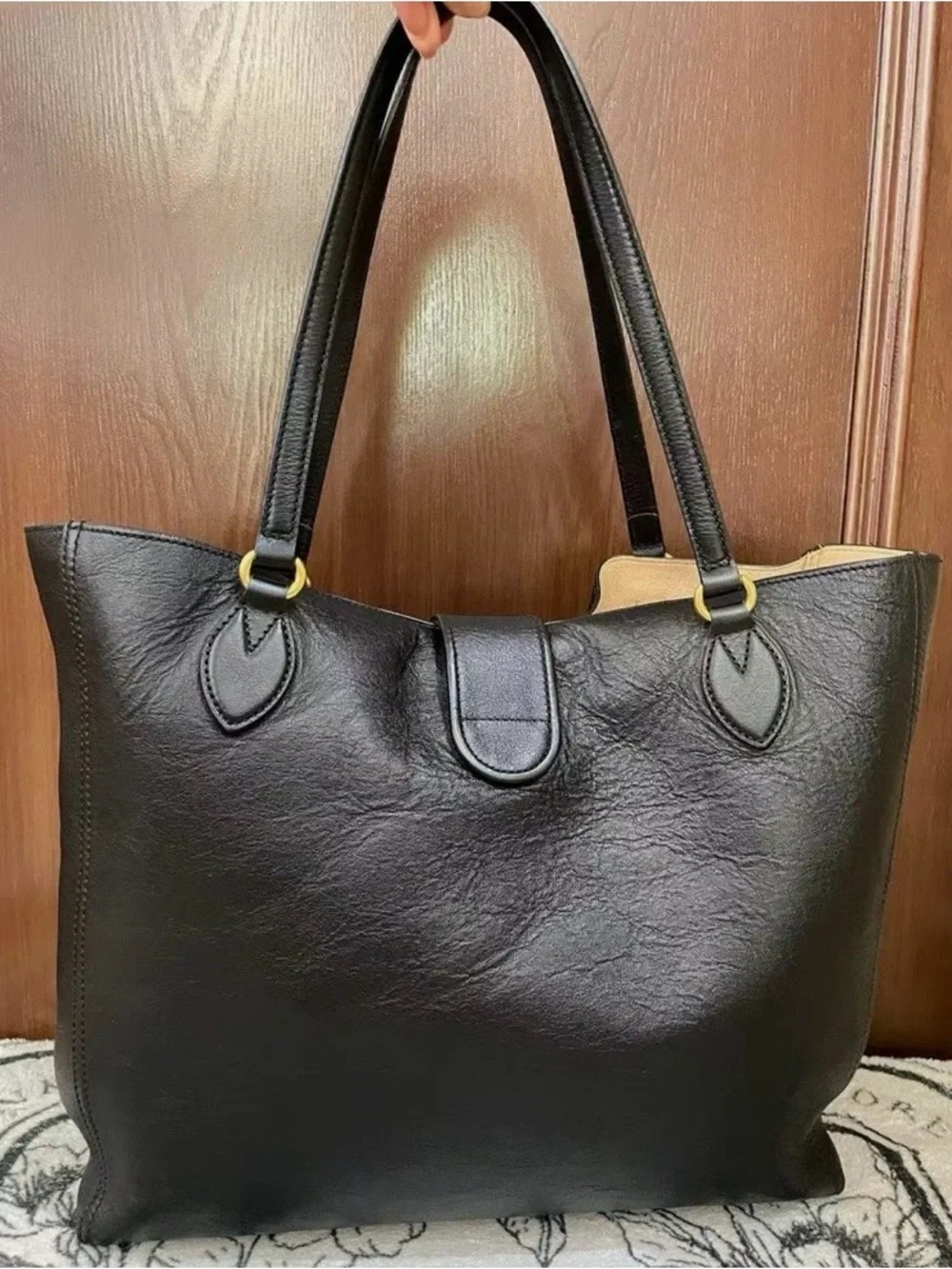 Gucci Black Leather Tote with Gold Double G Emblem